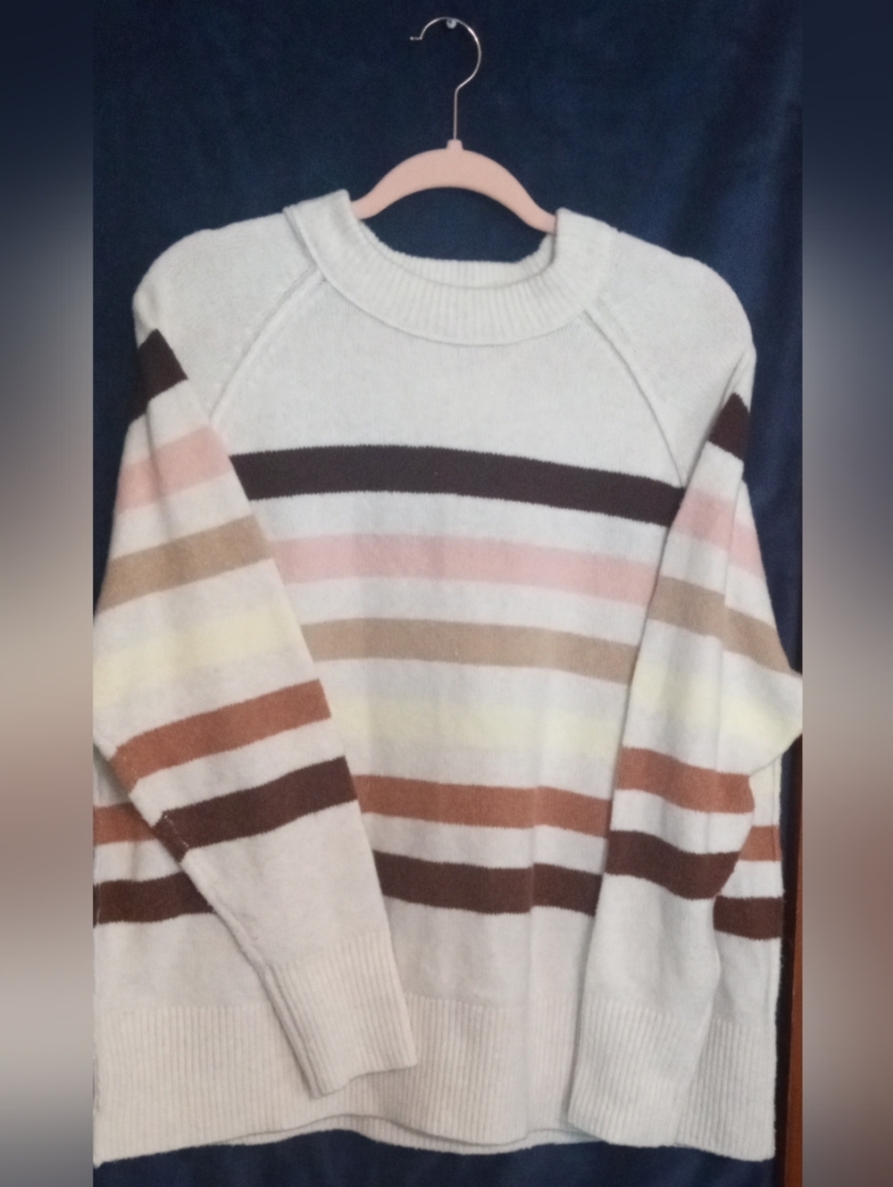 aerie Cream Striped Crewneck Sweater with Soft Pastel Accents